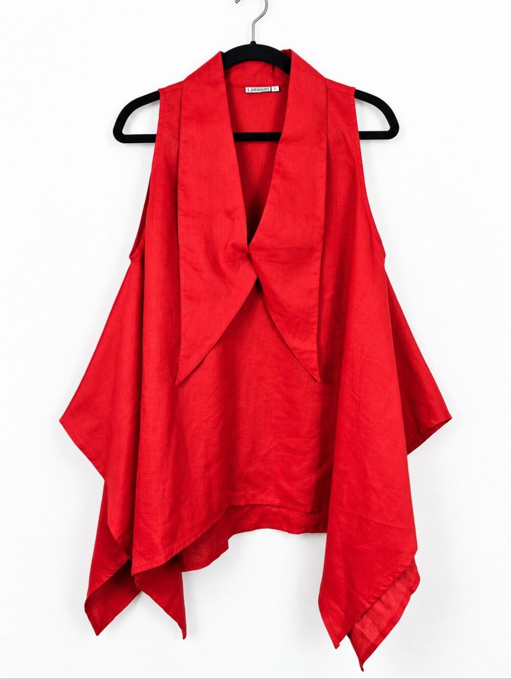 Red Linen Lagenlook Art to Wear Asymmetrical Draped Sharkbite Vest Tunic L Boho
